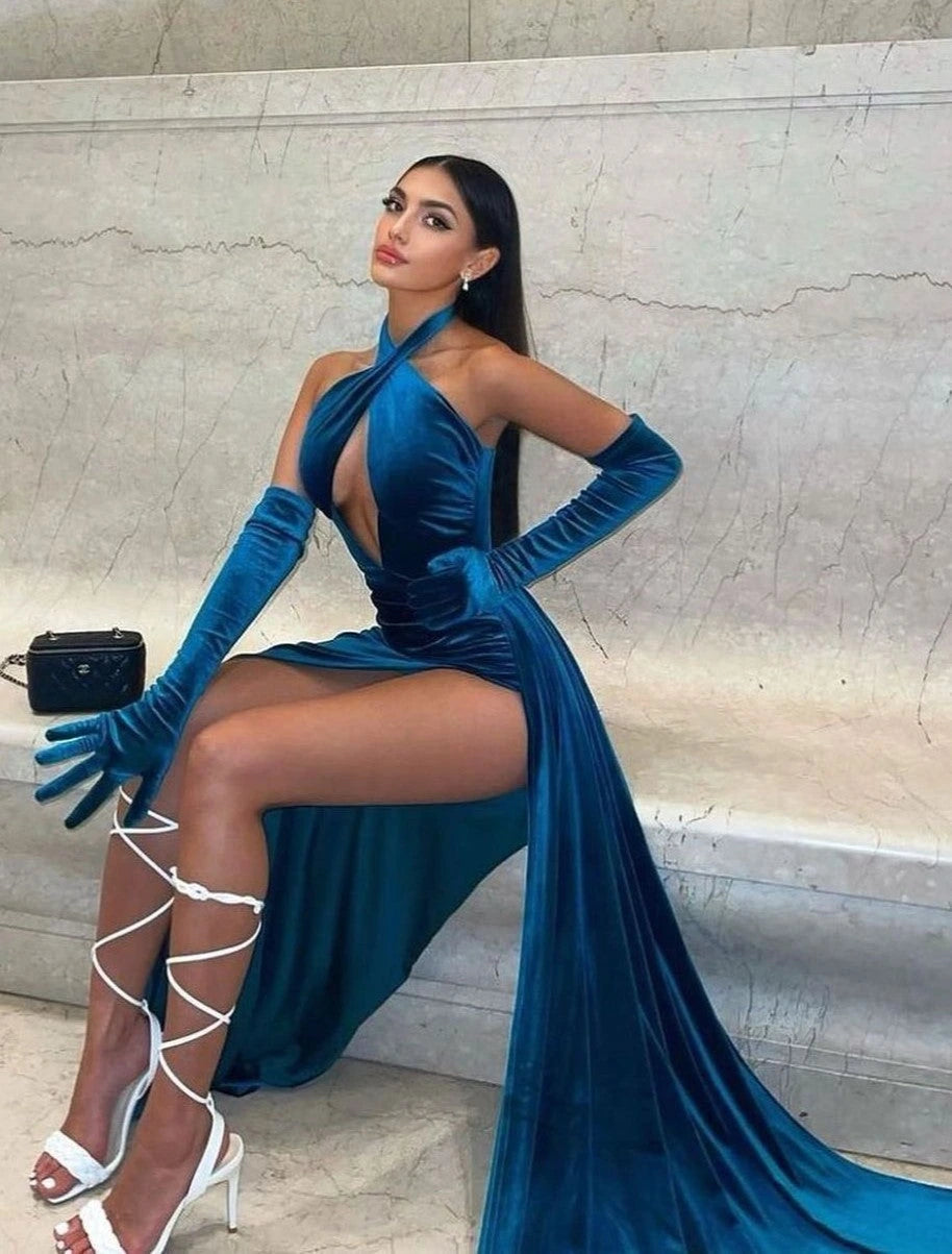 Teal Velvet Dress with Gloves
