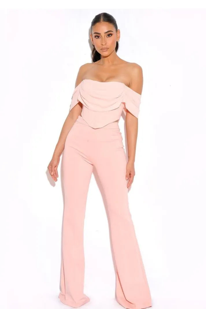 TAYA SALMON PINK CREPE FLARED TROUSERS