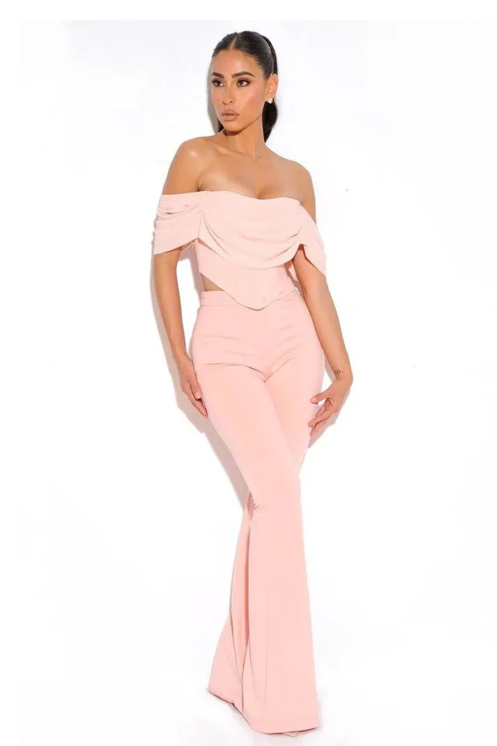 TAYA SALMON PINK CREPE FLARED TROUSERS