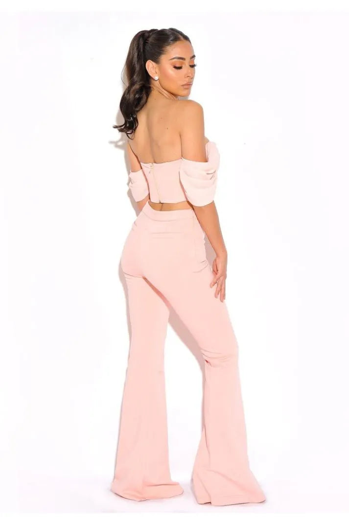 TAYA SALMON PINK CREPE FLARED TROUSERS
